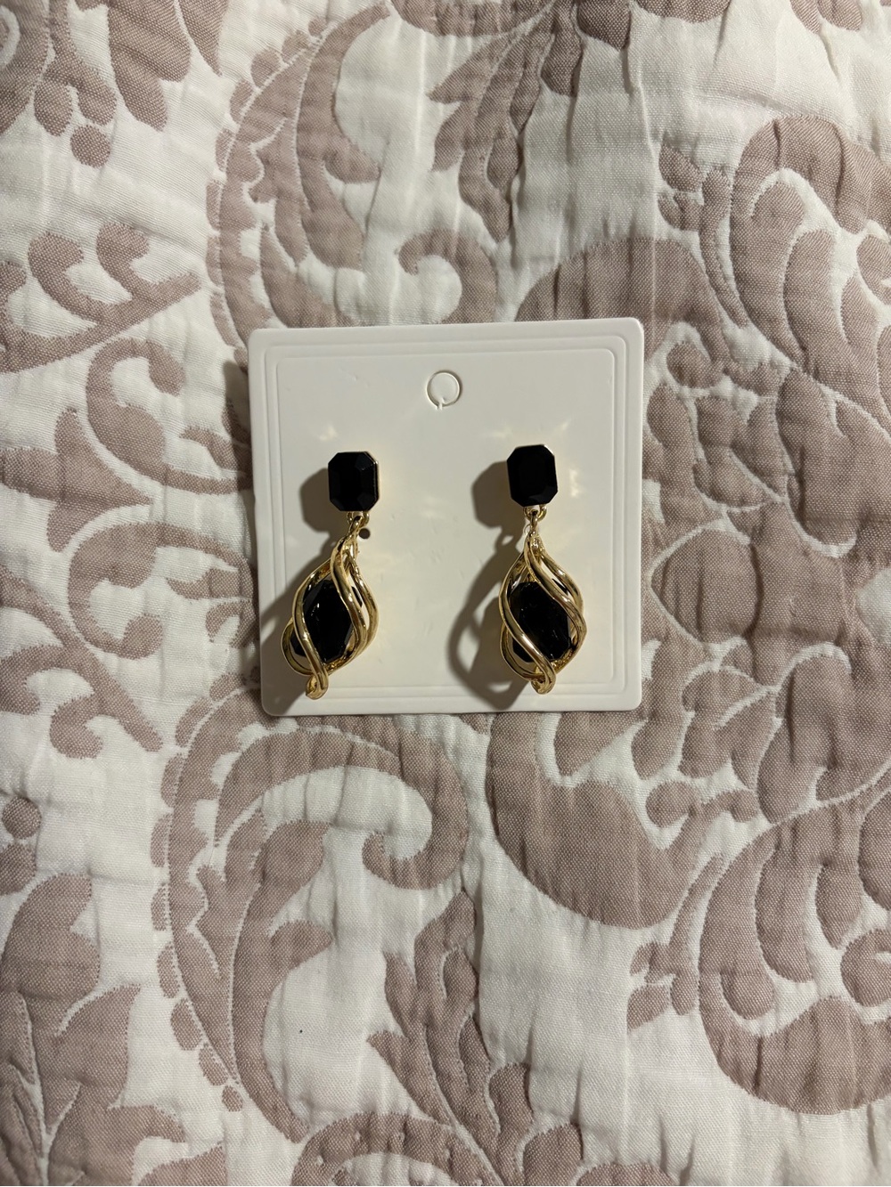 Gold Twist Drop Earrings with Black Stones